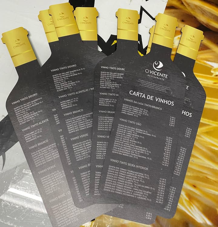 Cartas de vinho personalizadas para o nosso cliente O VICENTE – LORIGA. Pvc fresado e impr